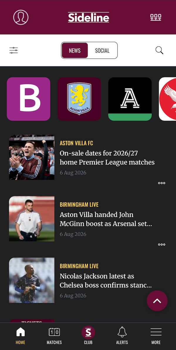 Sideline app home feed with top stories