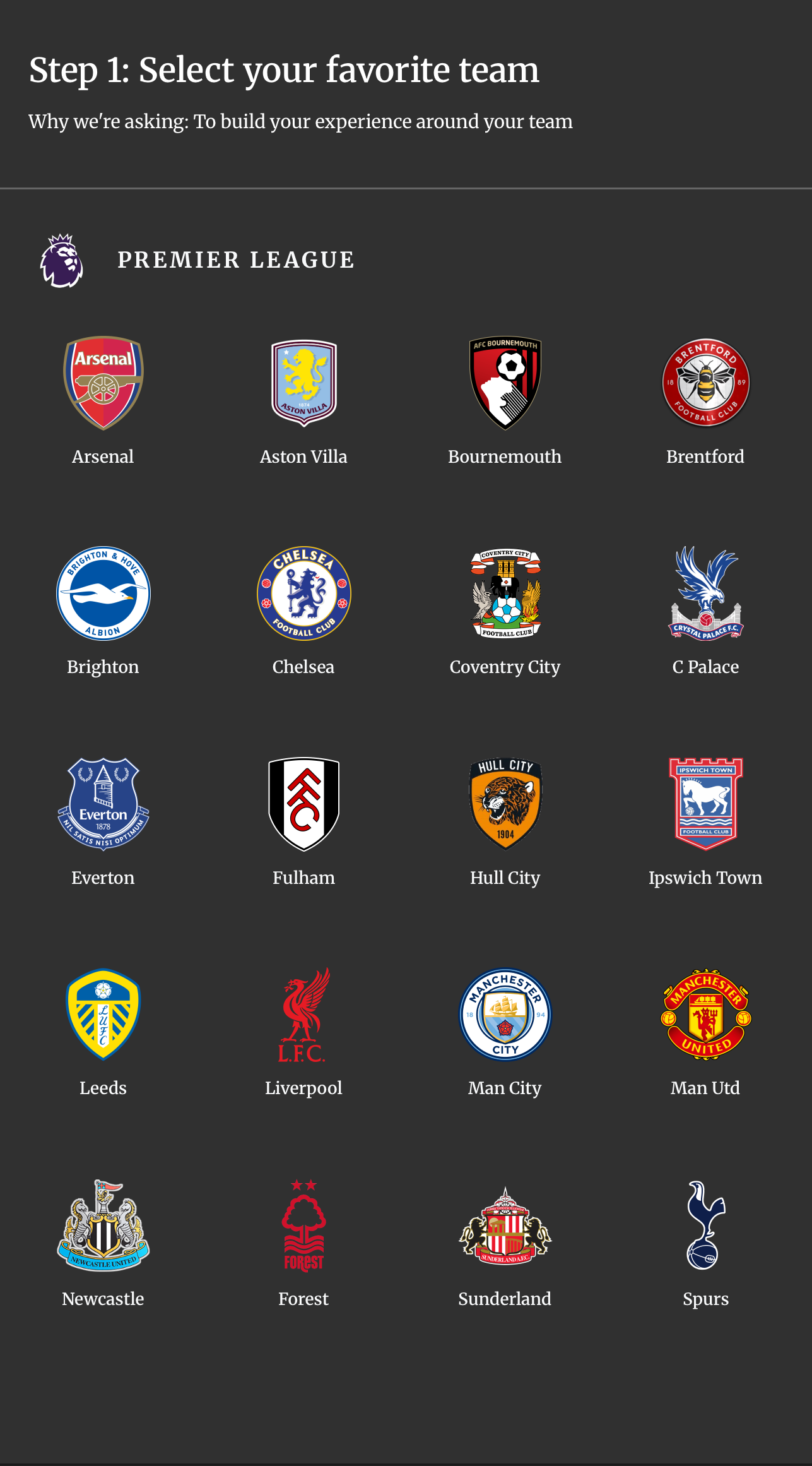 SideLine app onboarding: select your favorite team