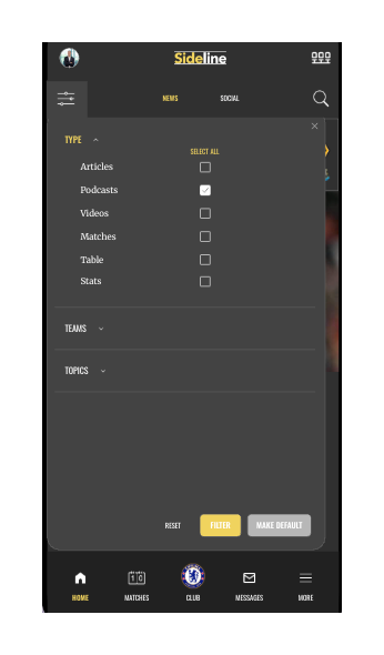 SideLine filter screen with content type options